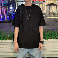 結(jié)盟者暗黑系閃閃亮片短袖t恤男時尚潮流寬松上衣服韓版百搭圓領(lǐng)打底衫 短袖閃閃黑色 2XL