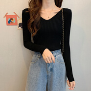 ESCURLTF毛衣女2023秋冬新款百搭修身v領(lǐng)長(zhǎng)袖打底針織衫女洋氣低領(lǐng)內(nèi)搭 黑色