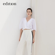 edition上衣女新款泡泡袖V領(lǐng)短款系帶亞麻上衣輕薄寬松開(kāi)衫 漂白色 XS 155
