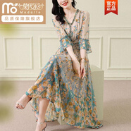 莫代爾高端真絲連衣裙夏季2025新款端莊大氣感名媛法式桑蠶絲碎花裙 奶杏色 XL [適合125-135]斤