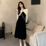 燕潯法式假兩件黑色絲絨長(cháng)袖連衣裙女春秋季收腰顯瘦氣質(zhì)娃娃領(lǐng)長(cháng)裙子 絲絨連衣裙 S (建議95斤以下)