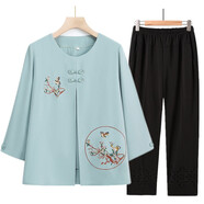 奶奶裝夏裝套裝新款媽媽裝T恤上衣中老女裝兩件套老太太夏季衣服