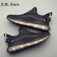 Z.R.Zoro品牌男鞋2025夏季新款網(wǎng)面飛織鞋男休閑鞋子男軟底跑步運(yùn)動(dòng)鞋男潮 黑色（四季平底款） 40