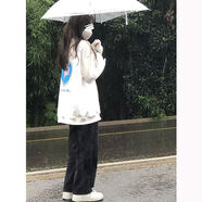 VEOX黑灰色直筒牛仔褲女春秋新款韓版小個(gè)子高腰顯瘦寬松闊腿褲子 純黑色 M _建議95-105斤
