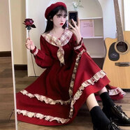 柚宏2023年學(xué)院風(fēng)小眾酒紅色連衣裙日系甜美少女秋冬減齡古著感大擺裙 酒紅色 2XL 130-140斤