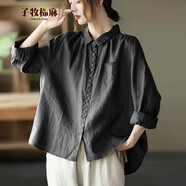 子牧棉麻春裝新品 女文藝復古刺繡長(cháng)袖襯衫百搭寬松上衣0217清71 黑色 2XL (建議125-140斤)
