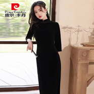 皮爾卡丹（pierre cardin）金絲絨時(shí)尚改良旗袍裙氣質(zhì)復(fù)古年輕款新中式立領(lǐng)背后拉鏈連衣裙女 黑色 M (建議80-99斤)