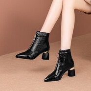 足顏冬季高跟鞋女短靴粗跟尖頭牛漆皮短筒顯瘦百搭紅色馬丁靴大小碼歐美中女靴子春秋單靴 黑色單里 38
