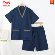 貓人（MiiOW）純棉麻足浴汗蒸服男款足療店客人衣服洗浴中心睡衣足道湯泉桑拿服 藍(lán)色長城邊 2XL