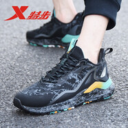特步（XTEP）【動力巢科技】男鞋春夏跑鞋皮面防潑水跑步鞋子減震耐磨運動鞋男 黑灰綠-皮面動力巢 40