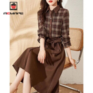 AEMAPE格紋拼接氣質(zhì)收腰顯瘦連衣裙女2025春秋冬季新款時(shí)尚氣質(zhì)裙子女裝 咖色 XL 建議115-130斤