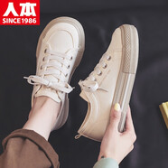 人本帆布鞋女2025春季單鞋厚底情侶男女鞋休閑鞋子運(yùn)動板鞋學(xué)生布鞋單 米色 41男款