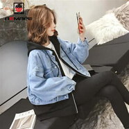 AEMAPE外套女2025春秋冬季新款歐洲站假兩件衛衣拼接牛仔短外套女 黑色連帽 S