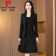 皮爾卡丹高檔品牌女裝小香風連衣裙女秋冬氣質(zhì)名媛貴夫人闊太太毛呢西裝兩件套套裝顯瘦針織 黑色 2XL 【適合126-135斤】