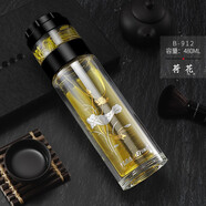 宜加美（YIJIAMEI） 宜加美雙層玻璃水杯茶水分離杯 帶濾網(wǎng)密封大容量商務(wù)辦公泡茶杯 B911[映日荷花] [400毫升]
