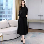 穆夏百合兩件套套裝裙2025春秋季裝新款女裝穿搭遮肚子長(cháng)袖連衣裙中長(cháng)款裙 黑色 2XL (135-145斤)