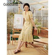 音兒（YINER）【盧昱曉同款】Goodland美地夏季桑蠶絲法式V領(lǐng)印花連衣裙 淺黃 2XL
