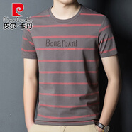 皮爾卡丹（pierre cardin）夏季薄款純棉男士短袖T恤潮流刺繡撞色橫條紋寬松圓領(lǐng)休閑半截袖 紅色 L 175