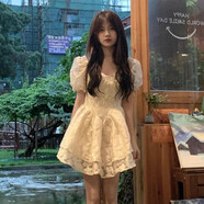 妙奕嘉連衣裙女純欲裙子夏天女裝2025新款夏季少女感新品衣服小個子女裙 提花泡泡袖收腰公主裙 M 【建議90-100斤】
