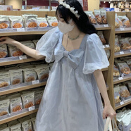 AHKA超仙方領(lǐng)小個(gè)子泡泡袖蓬蓬裙夏新款甜美小清新網(wǎng)紗蝴蝶結連衣裙女 藍色 M