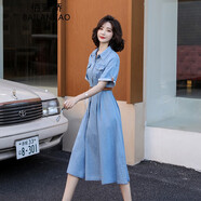 佰藍嬌2023夏季新款女裝時(shí)尚氣質(zhì)休閑遮肚子顯瘦牛仔連衣裙襯衫裙子夏天 淺藍色 S