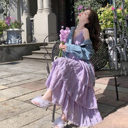 SELILECO大碼女裝夏季胖mm新款裙子韓版法式超仙V領(lǐng)中長(cháng)款吊帶蛋糕連衣裙 紫色 XL 130-145斤左右