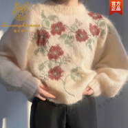 鹿王戀雪法式馬海毛寬松慵懶風(fēng)重工花朵刺繡毛衣女秋冬軟糯針織衫加厚上衣 香檳色針織衫 S
