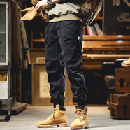 后琤美式迷彩工裝褲男寬松束腳休閑褲男士小腳褲男生春季傘兵戰術(shù)褲子 黑色 30（120-130斤）