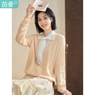茵曼（INMAN）春女裝新款優(yōu)雅拼接系帶領(lǐng)肌理感寬松毛衣 杏色 M