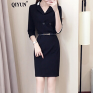 QIYUN品牌女裝 V領職業(yè)連衣裙女新款修身時尚OL黑色工裝氣質正裝鉛筆裙 黑色 M
