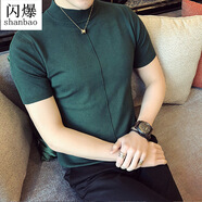 閃爆帥氣絲光棉針織衫毛衣黑色修身運動(dòng)短袖半高領(lǐng)輕熟風(fēng)男裝打底針織 軍綠色 L