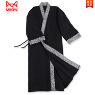 貓人（MiiOW）秋冬古風(fēng)長袍中國風(fēng)漢服睡袍加長禪服睡衣家居服寬松大碼拼色舒適 黑色(二) 海浪拼色加厚長袍 135厘米加長款XL碼