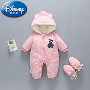 迪士尼（Disney）2025年新生嬰兒冬款衣服加絨夾棉寶寶連體衣外出加厚棉衣爬服冬季 BB-印花熊  粉色(同款鞋套) 80cm 80碼(15-20斤左右)