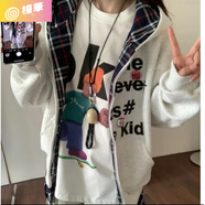 ZULY阿寧專屬ame.r國(guó)潮美式街頭假兩件拼接格子連帽衛(wèi)衣外套 白花灰 XL