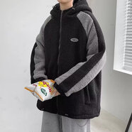 奈加圖港風(fēng)羊羔毛絨外套男冬季韓版潮流棉衣男青少年棉服ins外套男 黑色 LOGO款 XL 140-160斤
