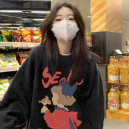 妃麗慕尚潮牌oversize小眾高街衛(wèi)衣女秋冬季美式復(fù)古鹿皮絨圓領(lǐng)上衣外套潮 B6049黑色【加絨】 L 建議130斤以內(nèi)