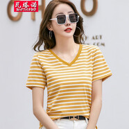 瓦塔諾（WA TA NUO）V領(lǐng)條紋時(shí)尚t恤女裝新款短袖夏裝上衣半袖女士體恤衫內(nèi)搭棉衣服潮 黃條紋 S(80-95斤)