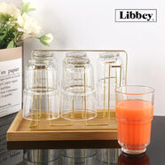 利比條紋可疊玻璃杯咖啡杯茶家用餐廳水杯茶杯創(chuàng  )意威士忌啤酒杯果汁杯 6只裝高款350ml+金色杯架+托盤(pán)