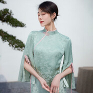 四美子改良薄荷綠色旗袍女【夢(mèng)里芳菲】2023年秋冬新款雙面提花連衣裙 夢(mèng)里芳菲 S (85~95斤)
