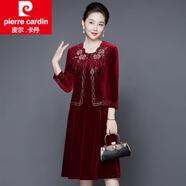 皮爾卡丹（pierre cardin）喜婆婆婚宴裝氣質(zhì)優(yōu)雅中年媽媽結婚禮服秋冬金絲絨套裝裝連衣裙女 酒紅色 881# XL 建議100-110斤