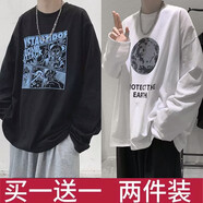 DCOUD【兩件裝】長袖t恤男春秋季潮流港風(fēng)百搭長袖小衫圓領(lǐng)體恤衫上衣 漫熊黑色+地球白色 XL