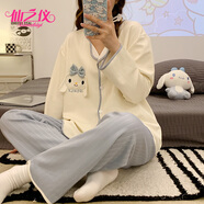 仙之儀睡衣女士春秋長袖可愛卡通開衫大碼家居服冬季甜美套裝 3413-1玉桂狗 藍色 160/90(M)