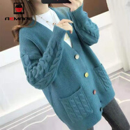 AEMAPE針織衫女2025春秋冬季新款毛衣開(kāi)衫女寬松麻花長(cháng)袖慵懶風(fēng)外套新年 孔雀藍 2XL