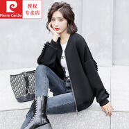 皮爾卡丹（pierre cardin）太空棉短外套女春秋舒適新款港風(fēng)寬松休閑棒球服百搭女士減齡夾克 黑色　 M