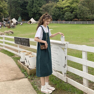 苜戈綠色牛仔背帶裙女小清新夏季新款韓版寬松森系學生中長款套裝裙子 白T恤+綠色背帶裙(套裝) L 推薦-110斤