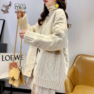 【2021新款高品質(zhì)】霏楚 加厚毛衣開(kāi)衫女慵懶風(fēng)寬松外穿百搭秋冬款寬松粗線網(wǎng)紅針織外套 米白色 S 90-110