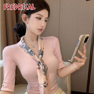 fredrical純欲風(fēng)職場(chǎng)法式V領(lǐng)飄帶圍巾氣質(zhì)設計感修身五分袖打底T恤女裝上衣 粉色 M 90-100斤