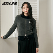 Jessy line杰茜萊灰黑拼色毛絨針織開(kāi)衫女秋新款氣質(zhì)毛衣外套 商場(chǎng)同款 灰色 S/160