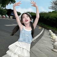 創(chuàng  )京懿選2024多巴胺女大童背心女童夏裝背心吊帶童裝兒童夏季多巴胺假兩件 藍色 90