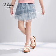 迪士尼（Disney）童裝女童牛仔裙夏季2024新款寶寶女孩時尚網(wǎng)紗拼接短裙兒童A字裙 淺牛仔藍 110 cm
